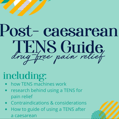 Promotional flyer for a post-caesarean TENS guide by Sam Zieg on a teal background with colorful abstract shapes.