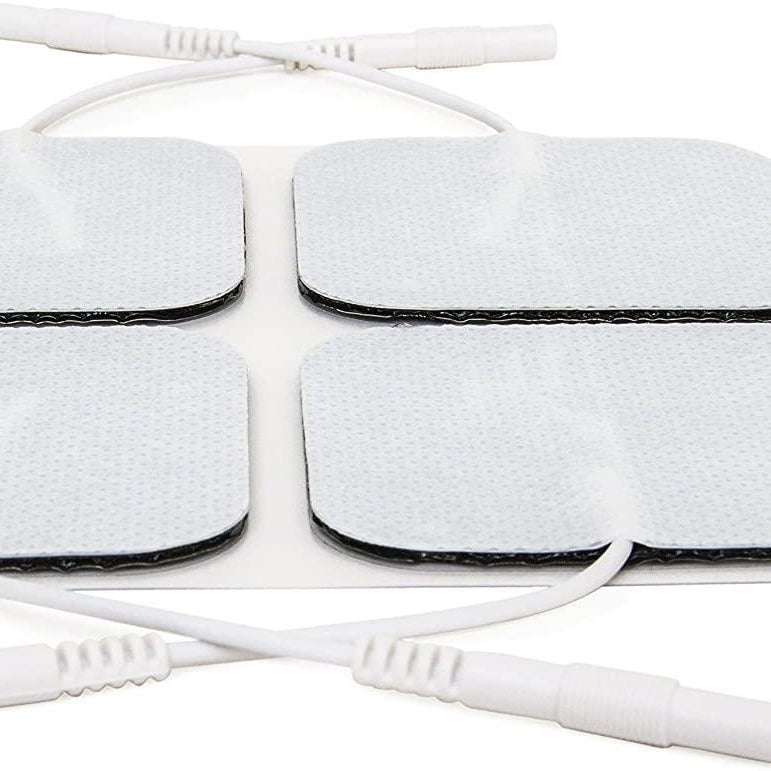 Electrode pads for muscle stimulation with leads on a white background