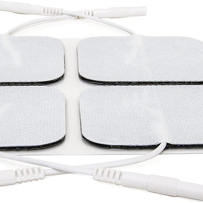 Electrode pads for muscle stimulation with leads on a white background